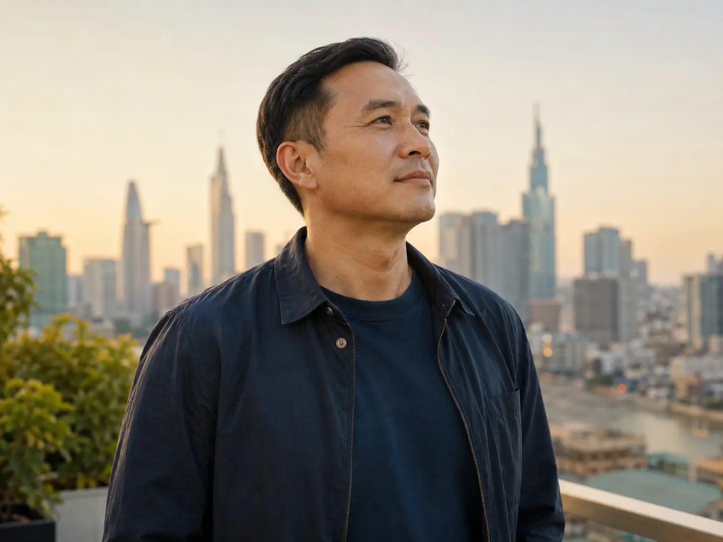 An overseas Vietnamese man looking across the Saigon skyline