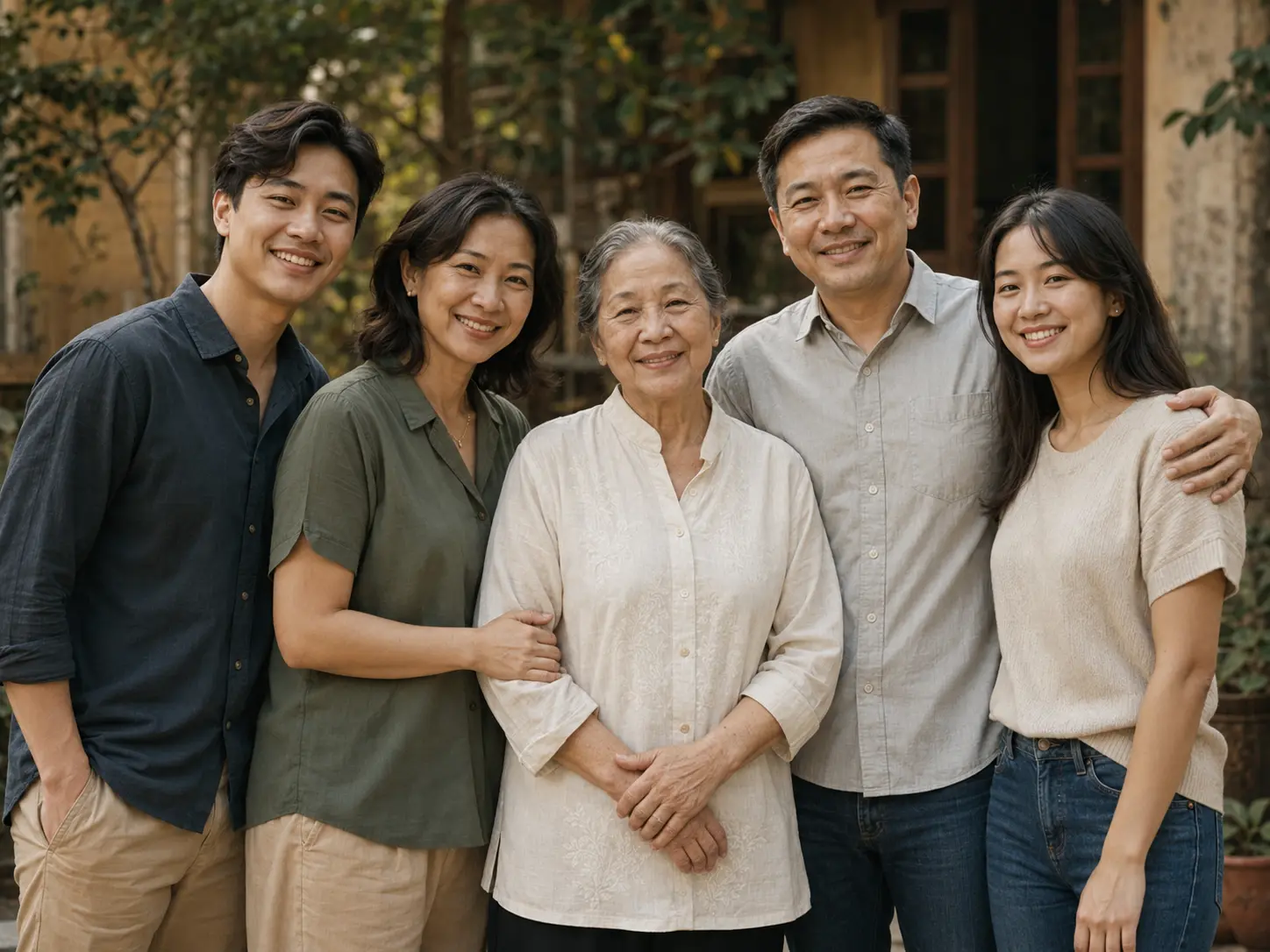 Three generations of a Vietnamese family standing together
