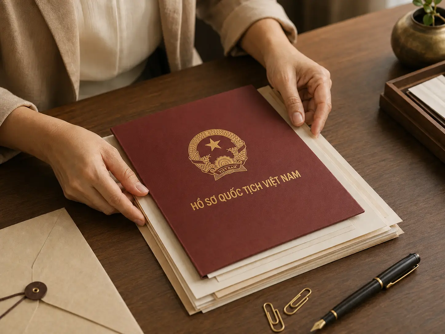 A burgundy citizenship dossier being carefully prepared